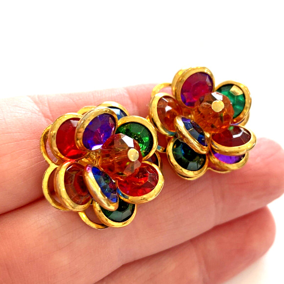 Jewel Tones Pierced Earrings Vintage 1980’s Multicolor On Goldtone Bead Clusters - Picture 3 of 6